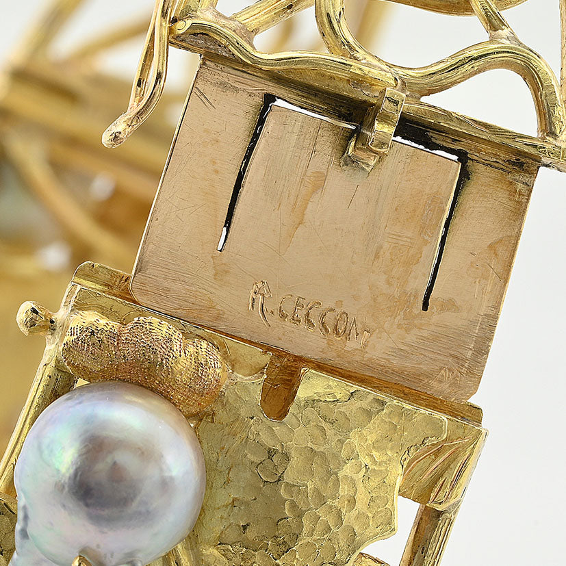 Vintage Cecconi Pearl and 18ct Yellow Gold Ivy Leaf Design Bangle Bracelet