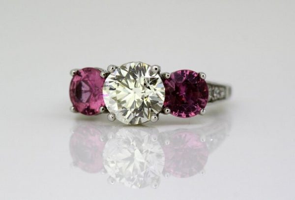Pink Sapphire and Diamond Three Stone Ring, Platinum