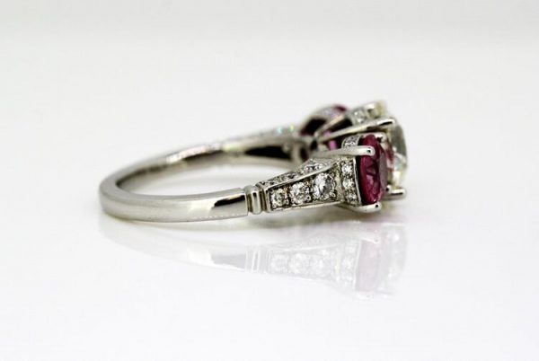 Pink Sapphire and Diamond Three Stone Ring, Platinum