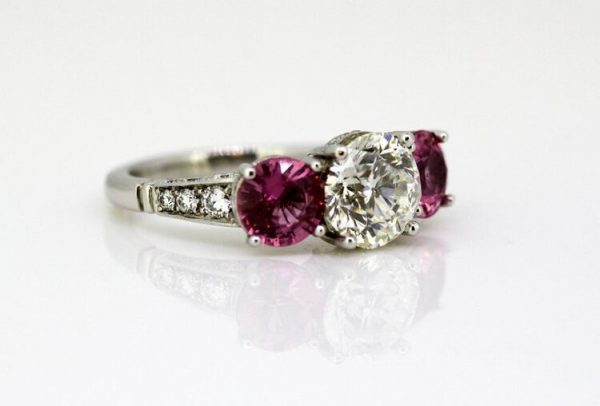 Pink Sapphire and Diamond Three Stone Ring, Platinum
