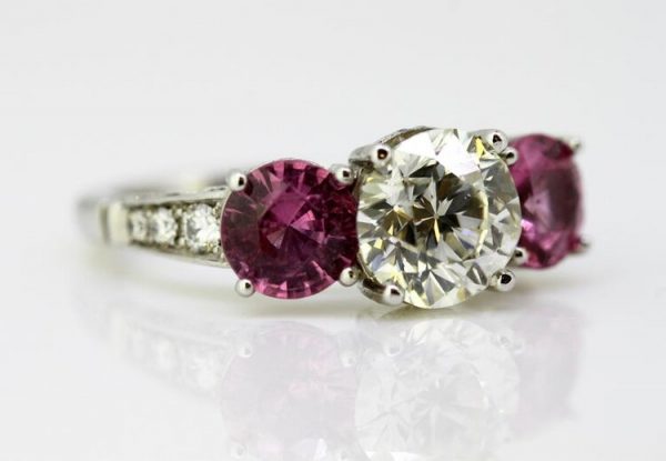 Pink Sapphire and Diamond Three Stone Ring, Platinum