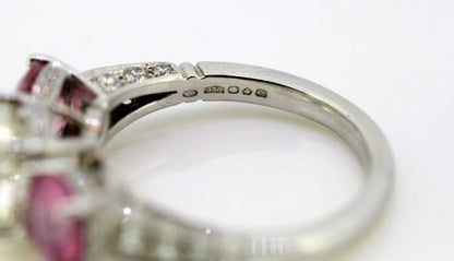 Pink Sapphire and Diamond Three Stone Ring, Platinum