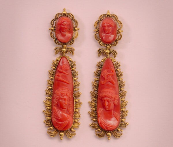 Antique Georgian Carved Coral Cameo Drop Earrings; drops depict Amor and Psyche, top parts decorated with two smaller cameos, detachable drops, 15ct gold