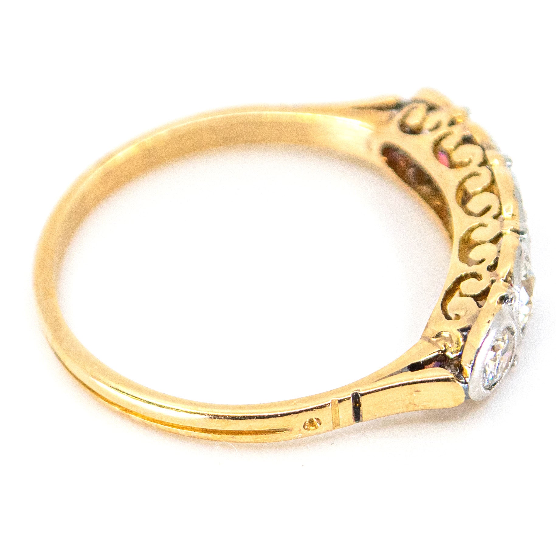 Art Deco 14 Carat Yellow Gold and Platinum Five Stone Old Mine-Cut Diamond Ring