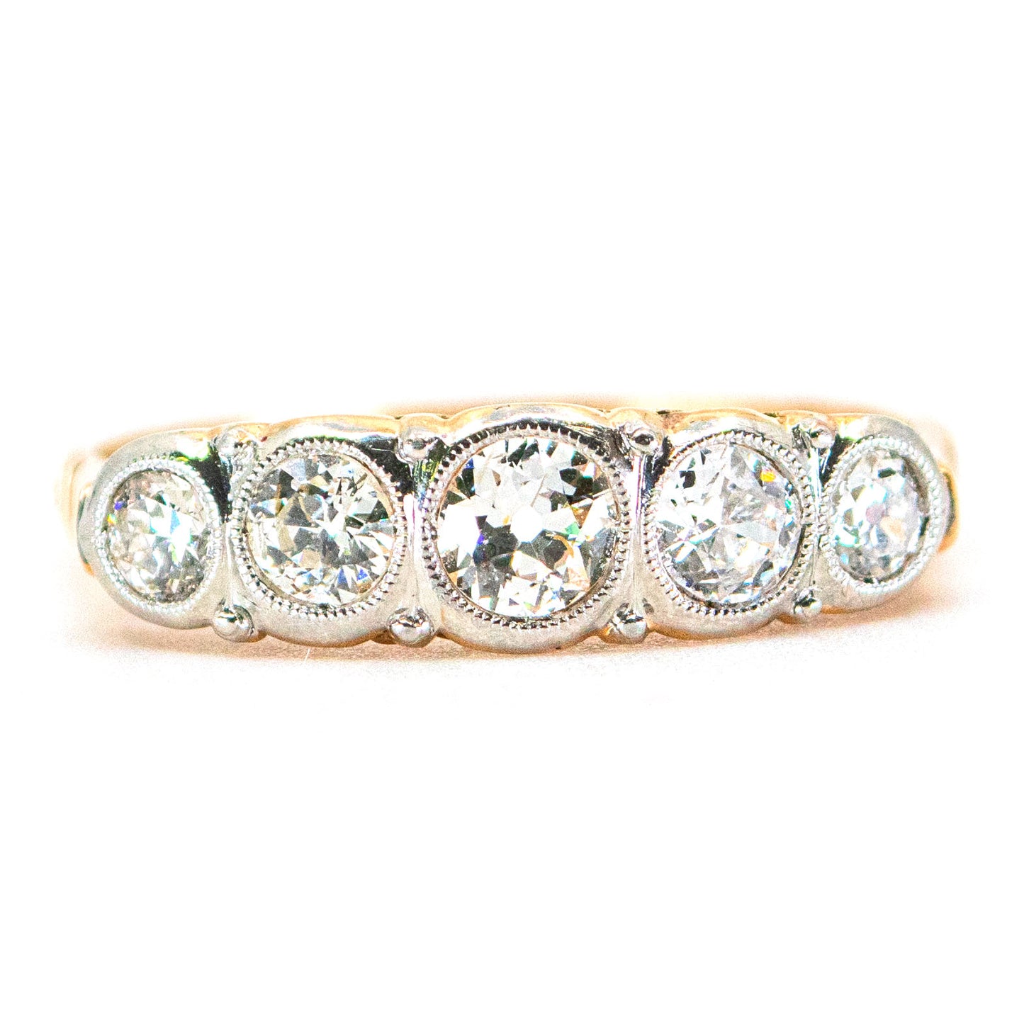 Art Deco 14 Carat Yellow Gold and Platinum Five Stone Old Mine-Cut Diamond Ring