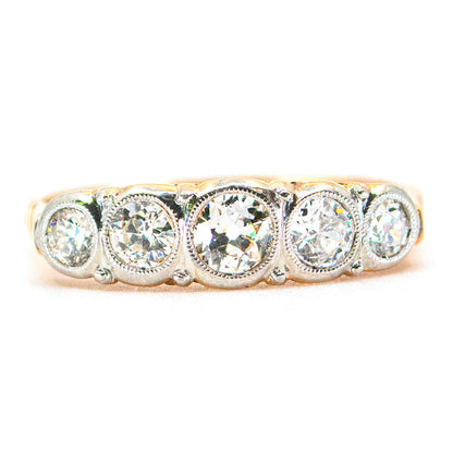Art Deco 14 Carat Yellow Gold and Platinum Five Stone Old Mine-Cut Diamond Ring