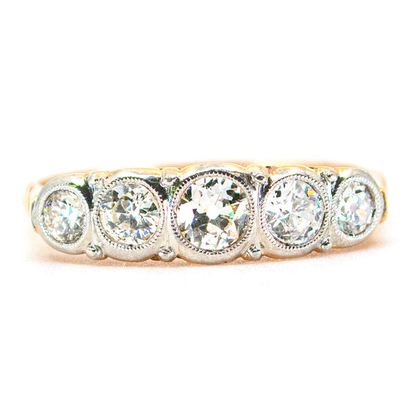 Art Deco 14 Carat Yellow Gold and Platinum Five Stone Old Mine-Cut Diamond Ring
