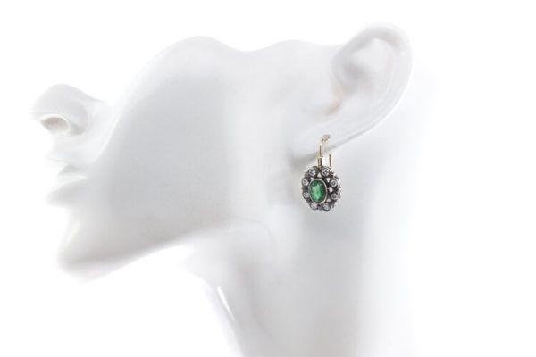 Antique Victorian 2ct Emerald and Diamond Oval Cluster Drop Earrings, in silver and gold. Circa 1870s