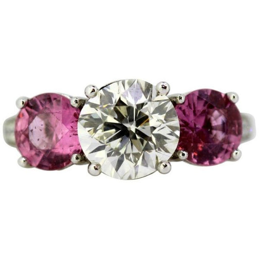 Pink Sapphire and Diamond Three Stone Ring, Platinum