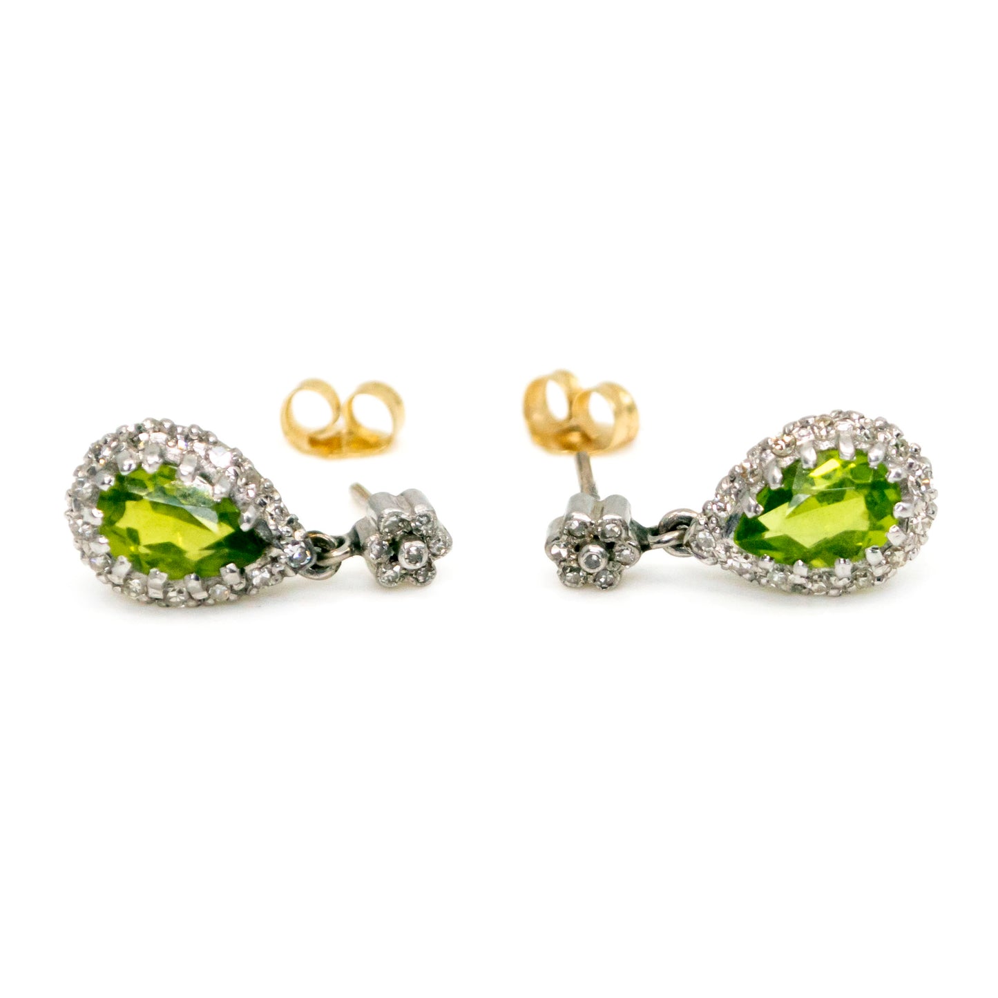 Retro 14 Carat Gold Peridot and Diamond Pear Shaped Drop Earrings