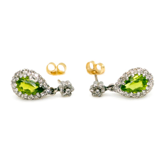 Retro 14 Carat Gold Peridot and Diamond Pear Shaped Drop Earrings