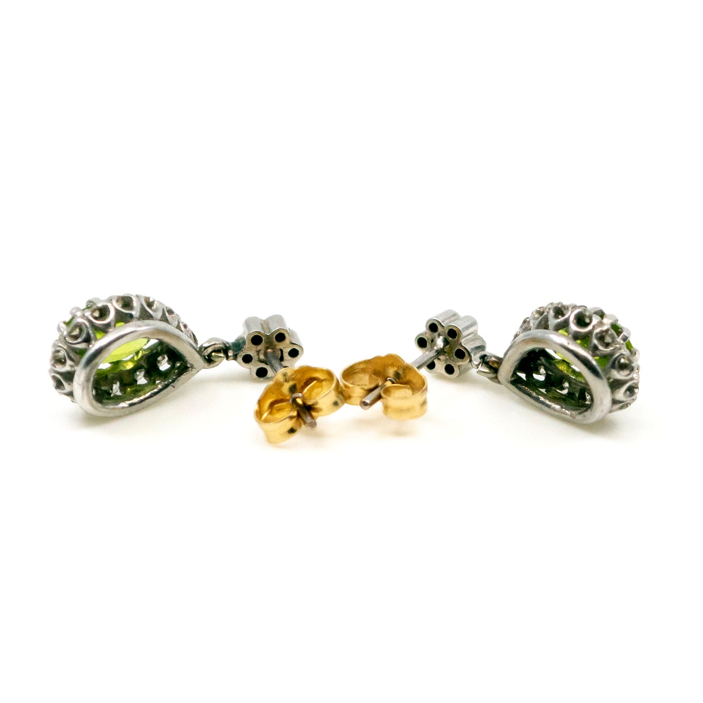 Retro 14 Carat Gold Peridot and Diamond Pear Shaped Drop Earrings