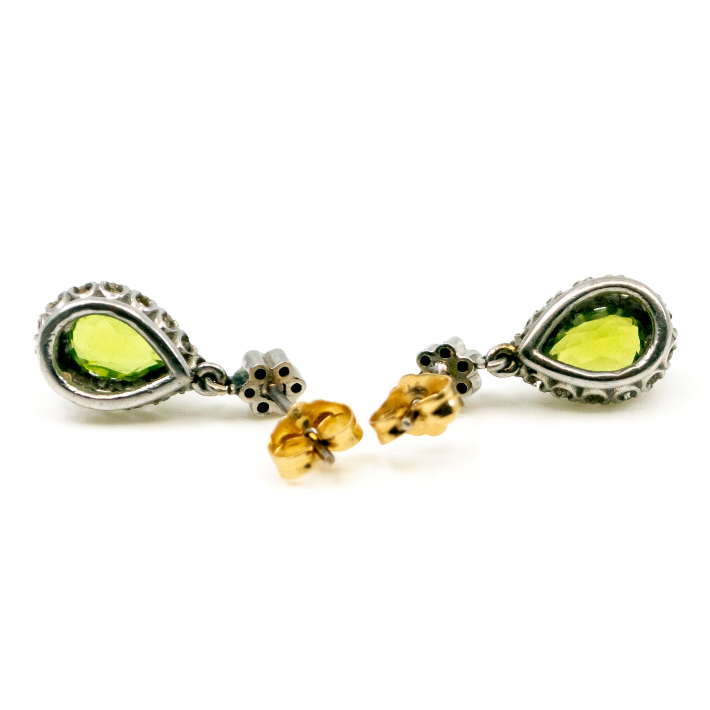 Retro 14 Carat Gold Peridot and Diamond Pear Shaped Drop Earrings