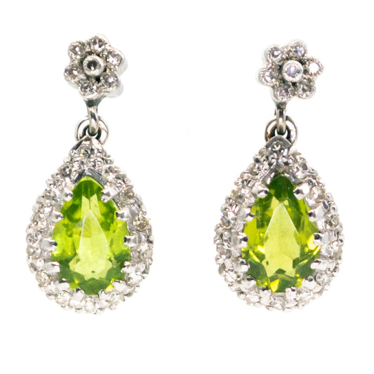 Retro 14 Carat Gold Peridot and Diamond Pear Shaped Drop Earrings