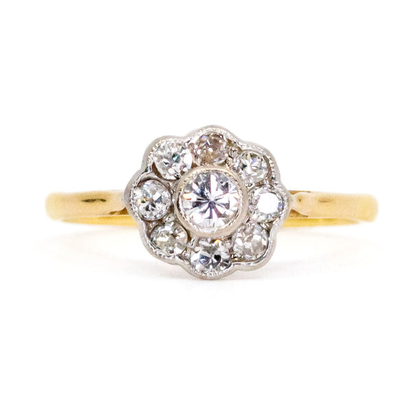 Antique 14 Carat Yellow and White Gold Diamond Cluster Ring, 0.60 Carat