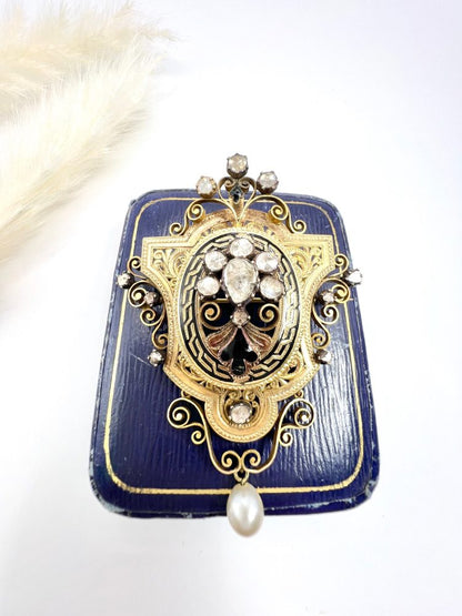 Antique Diamond, Enamel And Pearl Brooch In 18 Carat Yellow Gold