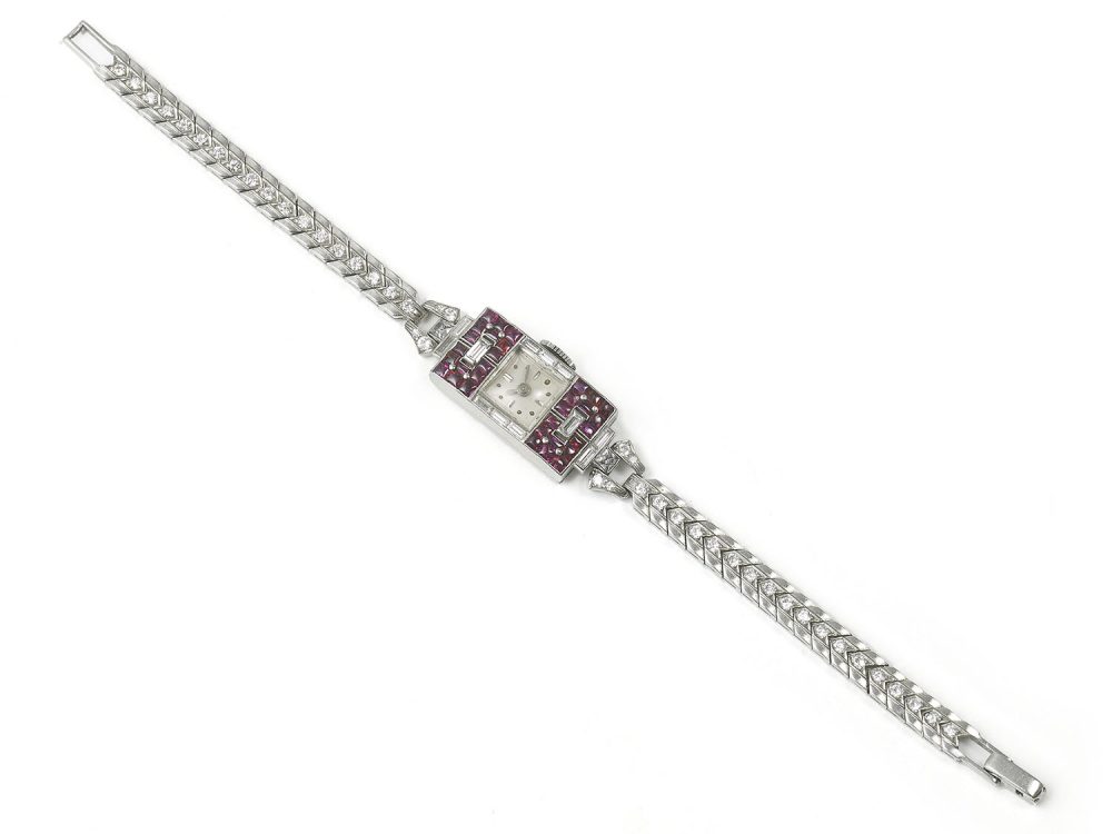 Ladies Platinum Diamond Ruby Art Deco Cocktail Wristwatch