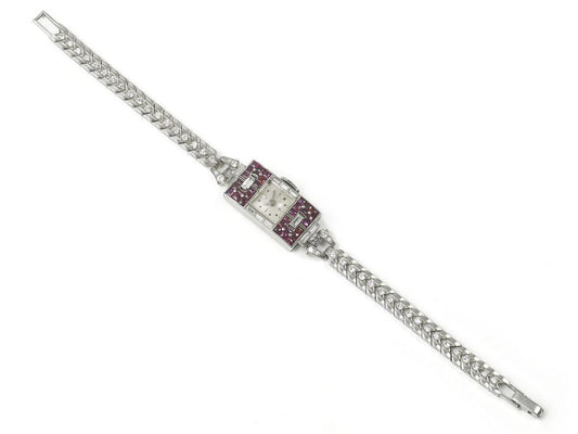 Ladies Platinum Diamond Ruby Art Deco Cocktail Wristwatch