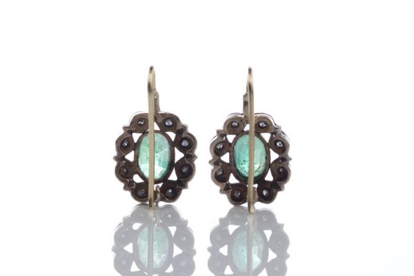 Antique Victorian 2ct Emerald and Diamond Oval Cluster Drop Earrings