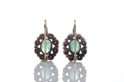 Antique Victorian 2ct Emerald and Diamond Oval Cluster Drop Earrings