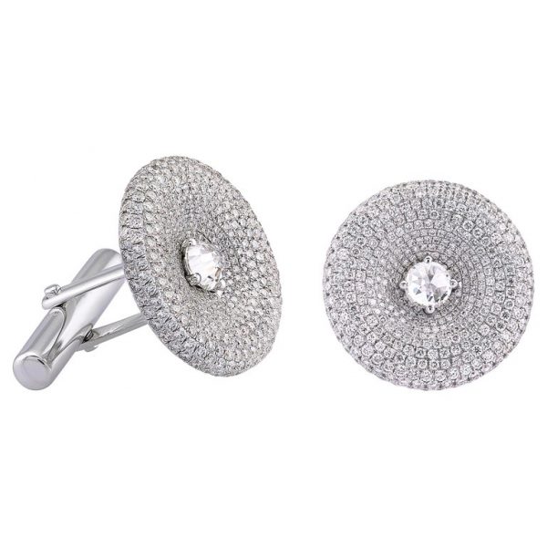 Rose Cut Diamond Pave Cufflinks, 3.40 Carat Total, 18ct White Gold