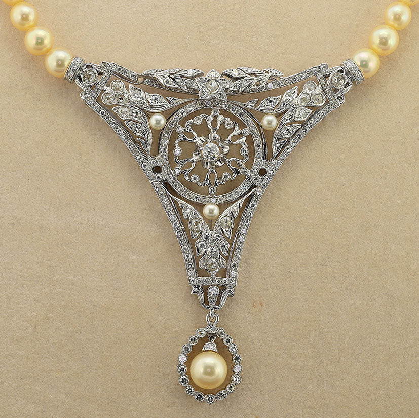 Vintage 7ct Diamond Panel Pendant and Pearl Necklace