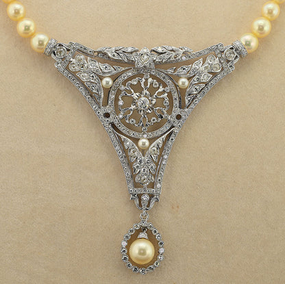 Vintage 7ct Diamond Panel Pendant and Pearl Necklace