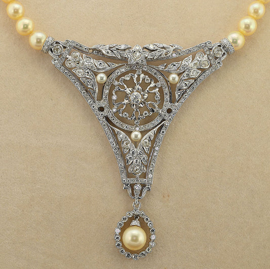 Vintage 7ct Diamond Panel Pendant and Pearl Necklace