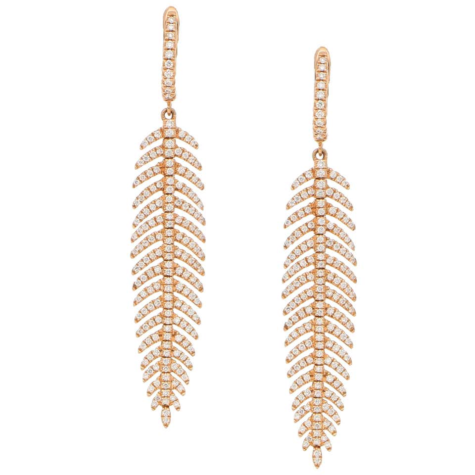 Articulated Diamond Feather Drop Earrings in 18ct Rose Gold