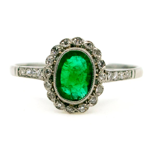 Vintage Platinum Emerald and Diamond Cluster Ring, 0.70 Carat