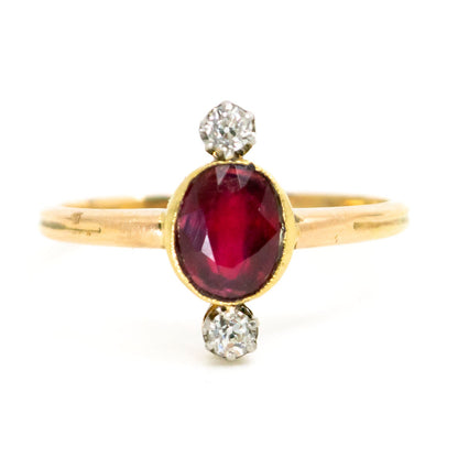 Late Victorian Antique Ruby and Old Cut Diamond Three Stone Ring Ruby