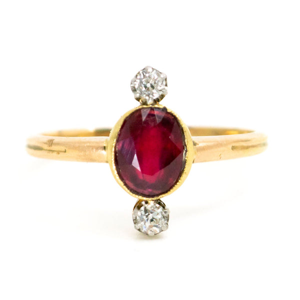 Late Victorian Antique Ruby and Old Cut Diamond Three Stone Ring Ruby