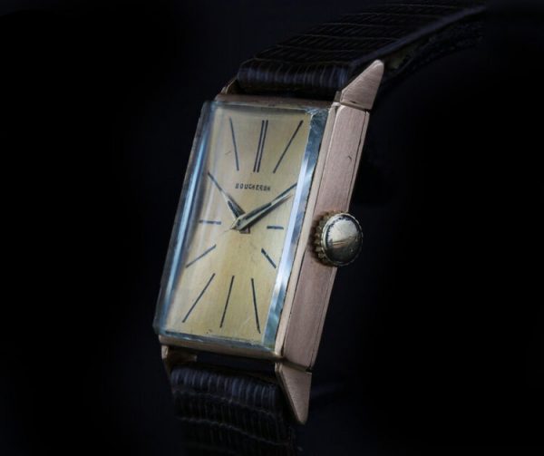 Boucheron Vintage 18ct Yellow Gold Manual 20mm Watch with Omega Movement ref 9837468, golden face, leather strap, Circa 1960s