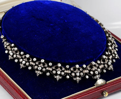 Victorian Antique French 12.20ct Old Mine Cut and Rose Cut Diamond Necklace come Bracelet in Silver and 18ct Rose Gold, Circa 1840