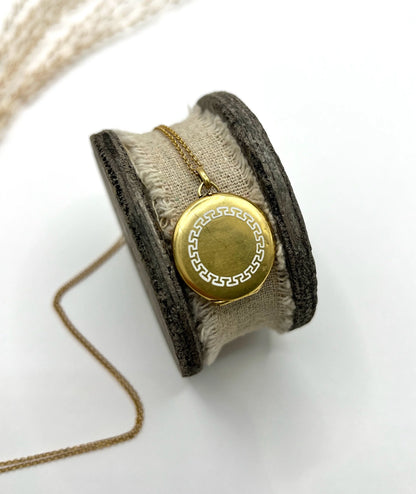 Antique 15ct Yellow Gold, Edwardian era Greek Key White Enamel Round Locket