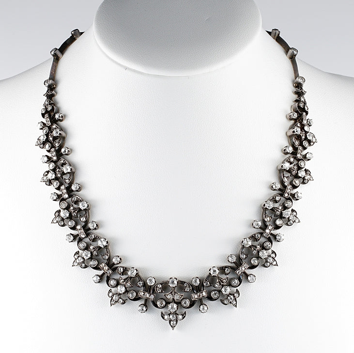 Victorian Antique French 12.20ct Diamond Necklace come Bracelet, set with 12.20 carats of old mine-cut and rose-cut diamonds in silver upon 18ct rose gold. Circa 1840