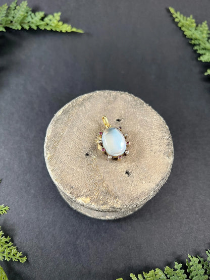 Antique 15ct Gold & Platinum Edwardian Moonstone, Ruby, Diamond Pendant