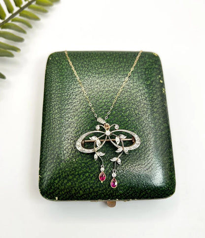 Belle Epoque Edwardian Antique Diamond Bow Pendant Brooch with Ruby Drops