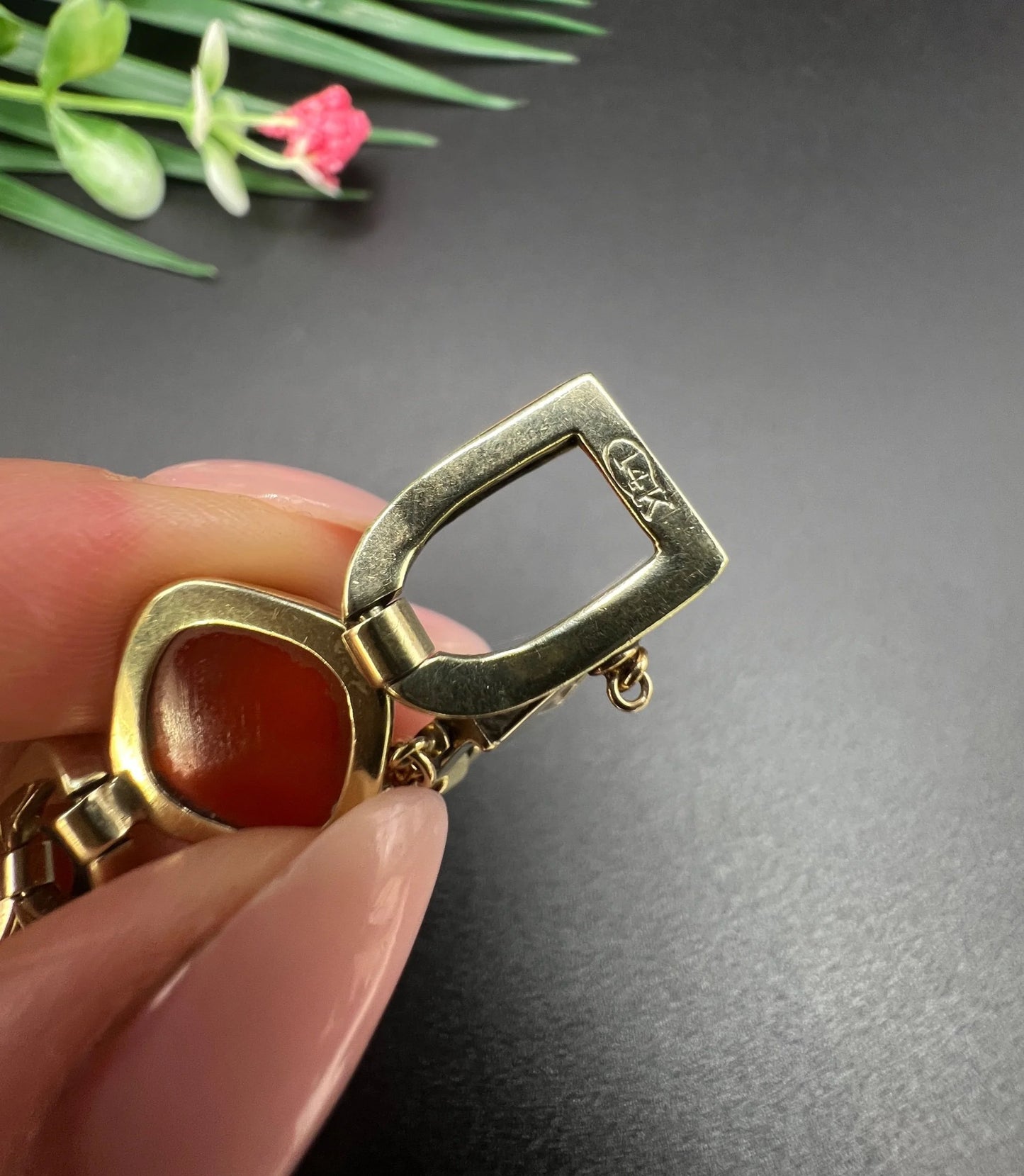 Antique 14 Carat Yellow Gold Carnelian and Black Enamel Bracelet, Circa 1920