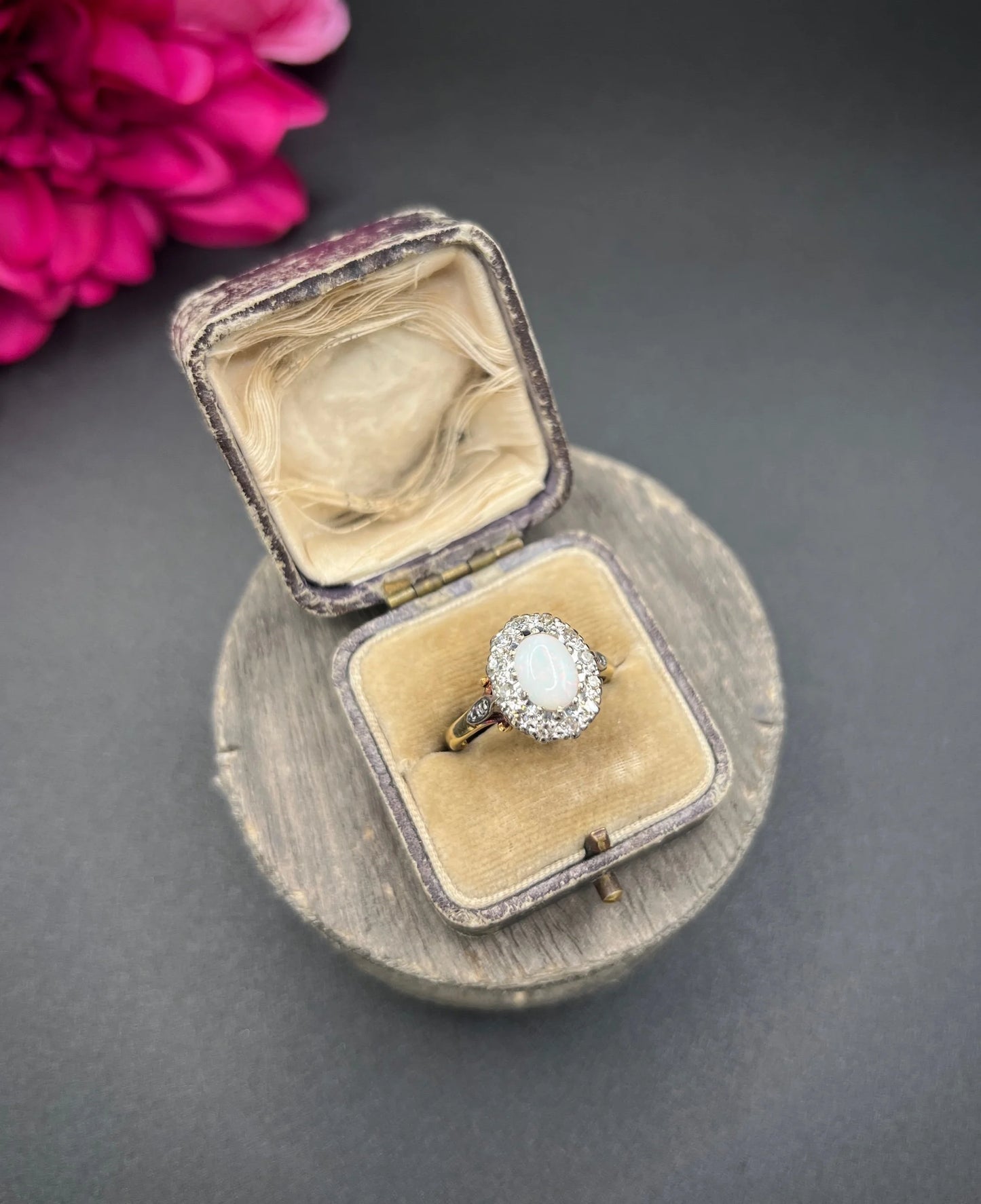 Vintage 18 Carat Yellow Gold Opal and Diamond Oval Cluster Ring, Hallmarked 1963