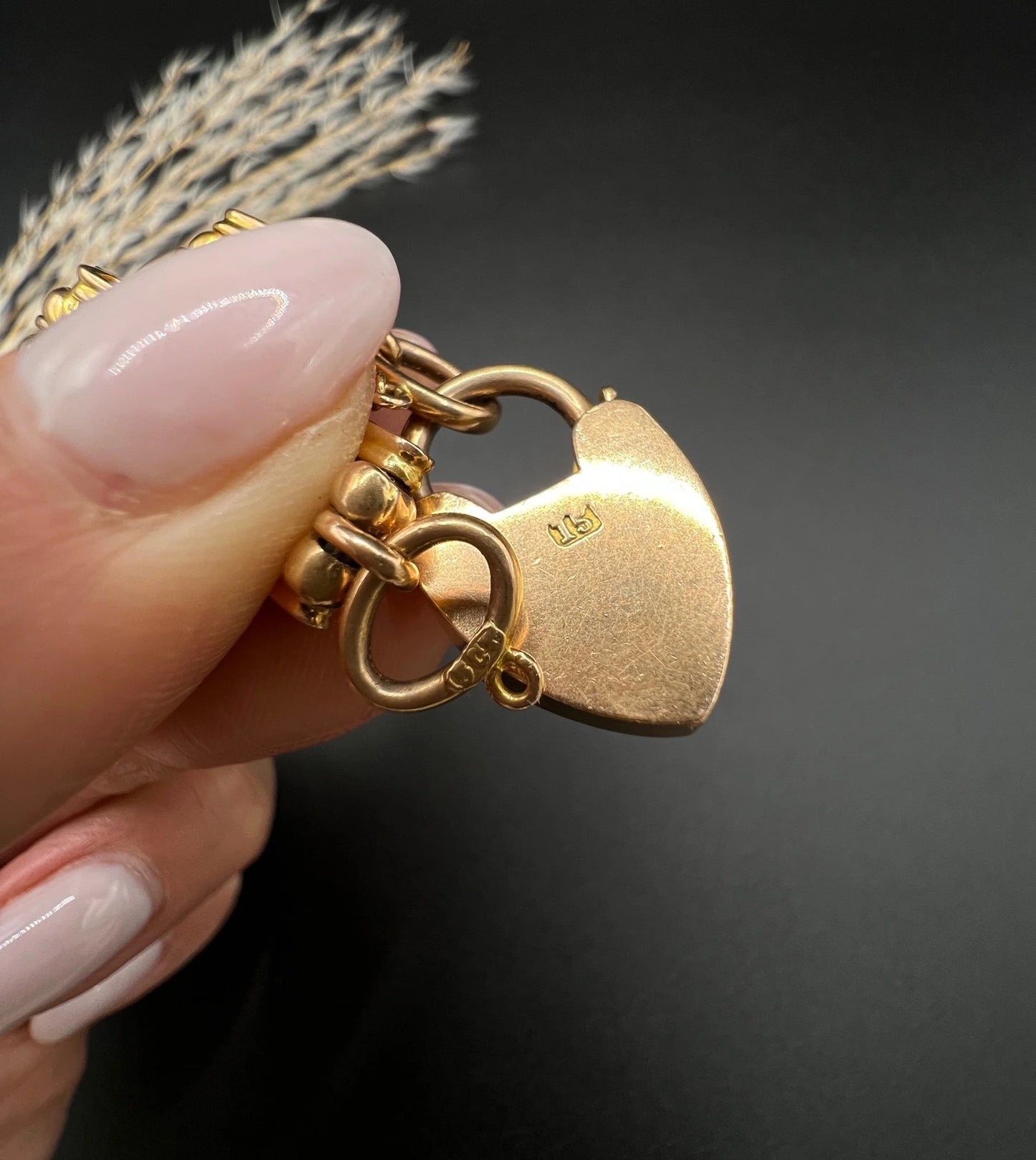 Edwardian Antique 15ct Gold Gate Bracelet with Lovers Knot Heart Padlock