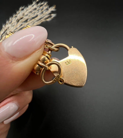 Edwardian Antique 15ct Gold Gate Bracelet with Lovers Knot Heart Padlock