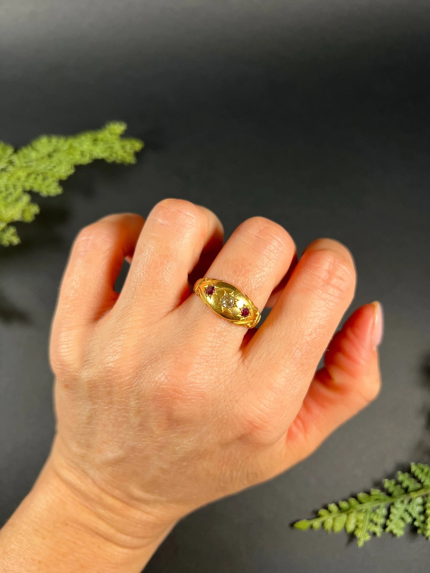 Antique 22ct Yellow Gold, Birmingham Hallmarked 1920, Ruby & Diamond Star Set 3 Stone Gypsy Ring