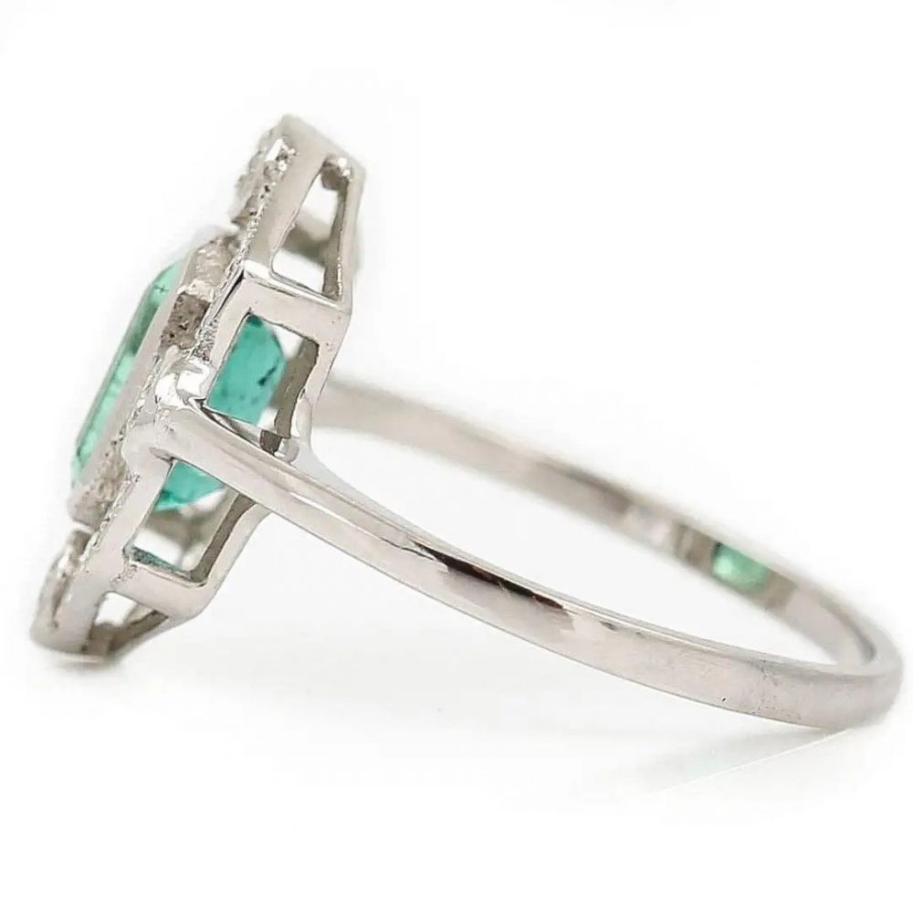 Art Deco Style 1ct Emerald and Diamond Halo Cluster Dress Ring in Platinum