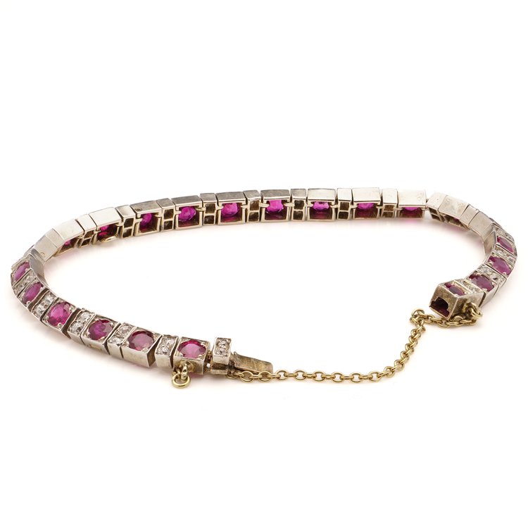 Late Art Deco 7.70ct Burma Ruby and Old European Cut Diamond Line Bracelet