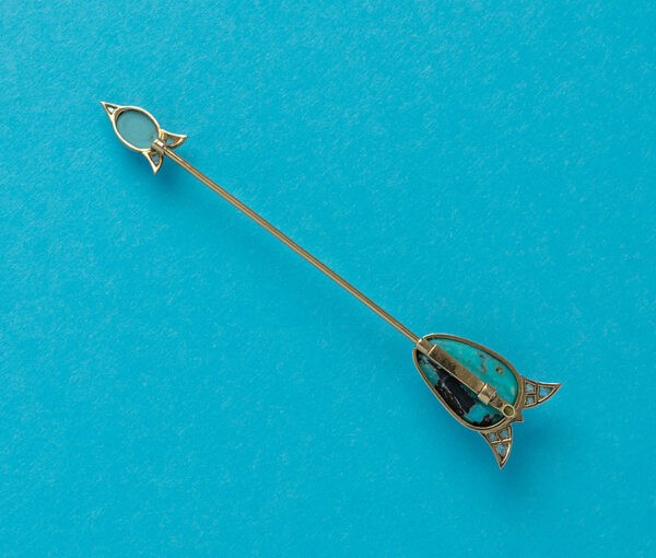 Art Deco Gold Jabot Pin with Turquoise and Diamonds