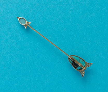 Art Deco Gold Jabot Pin with Turquoise and Diamonds