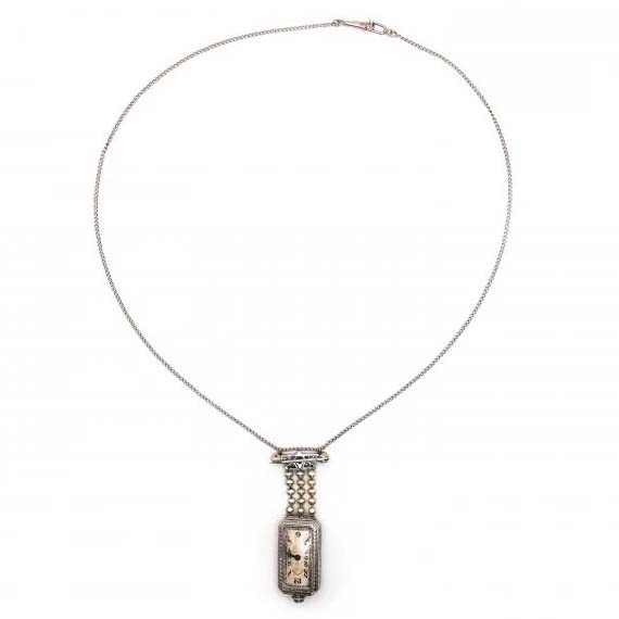 Tiffany and Co Art Deco Diamond Pearl Platinum Watch Pendant