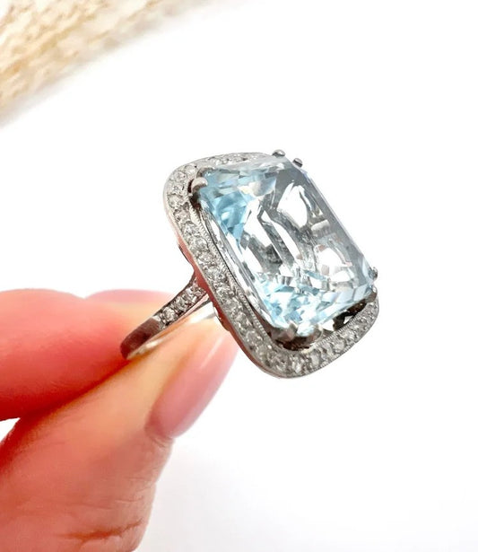 Vintage 10 Carat Aquamarine And Diamond Halo Ring In Platinum