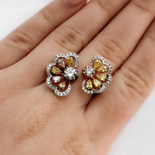 Yellow, Pink And White Diamond Flower Ring